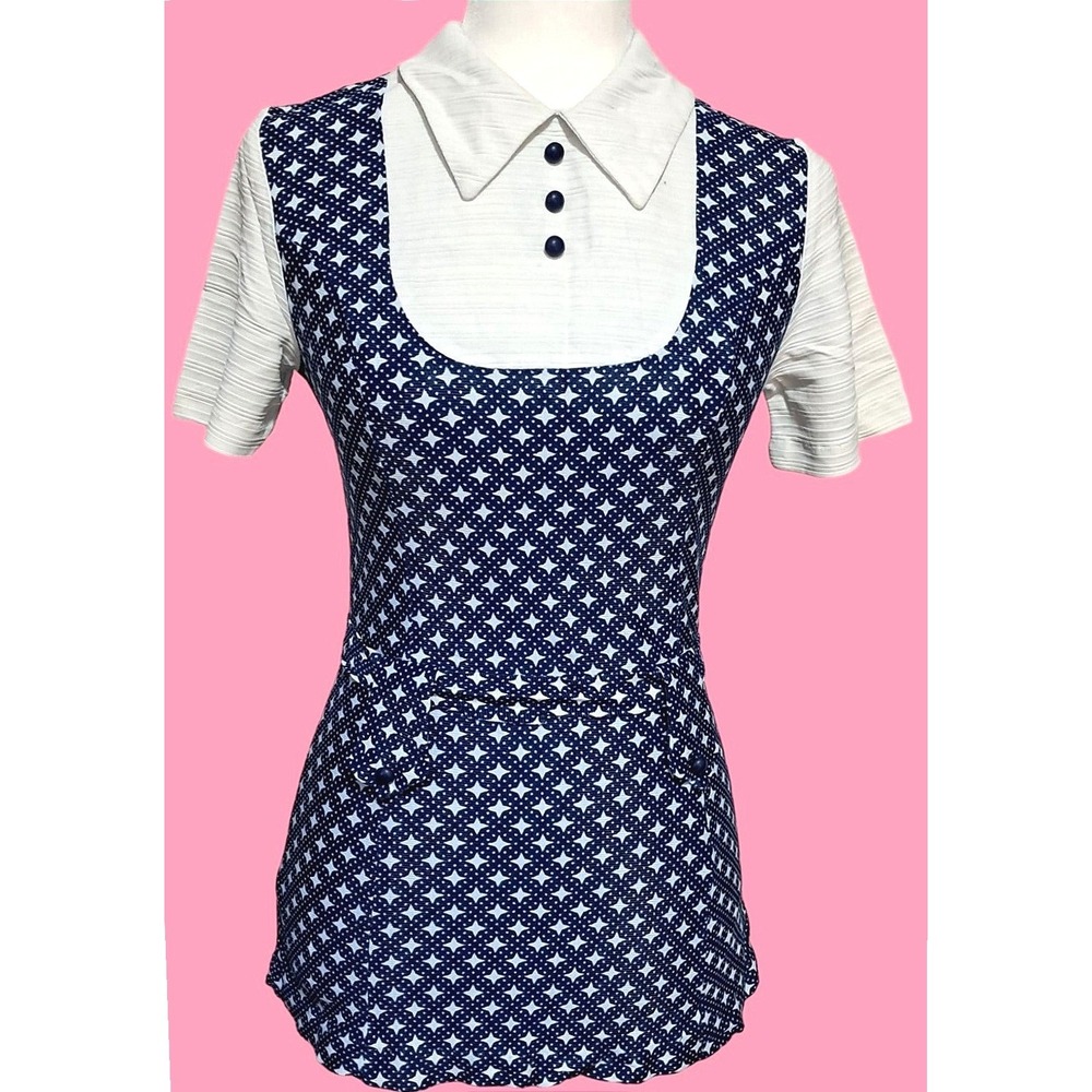 Retro Vintage 70s Geometric Star Tunic Pant Set Womens Small Navy White Mod - Picture 2 of 13